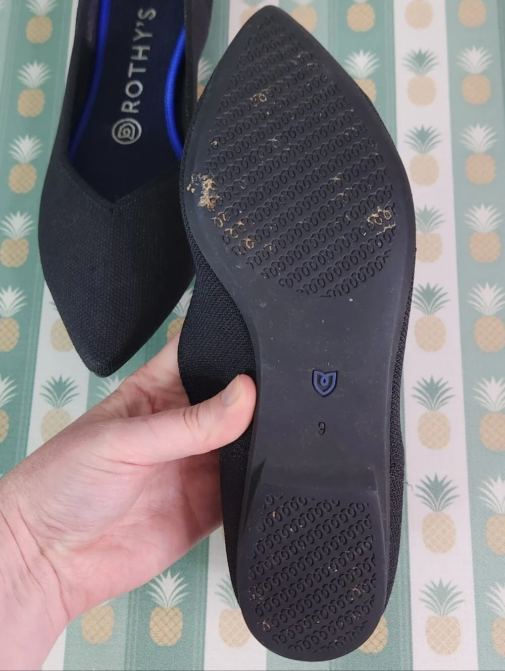 Rothy's Black Pointed Toe Knit Flats with Blue Trim